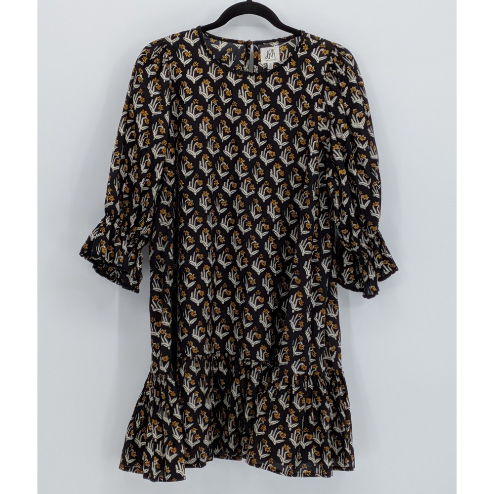 dRA Los Angeles $154 Medium Black Yellow Tiered Ruffle Floral Cotton Mini Dress